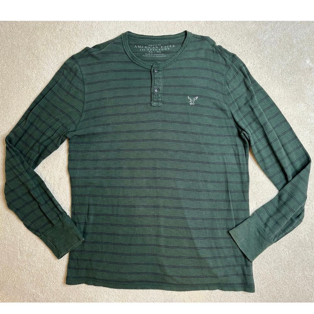 American Eagle: Pine Green and Navy Striped Henley Shirt